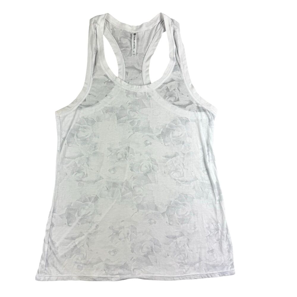 Fabletics Tank Top Women’s Medium White Sleeveless Floral Sheer Active Stretch